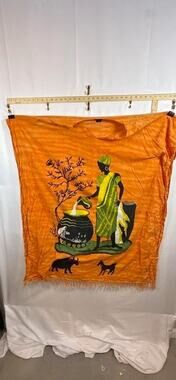 Lotus Afrocentric Kaftan Poncho Tunic Orange Rayon Batik Art Fringe Womens 1X